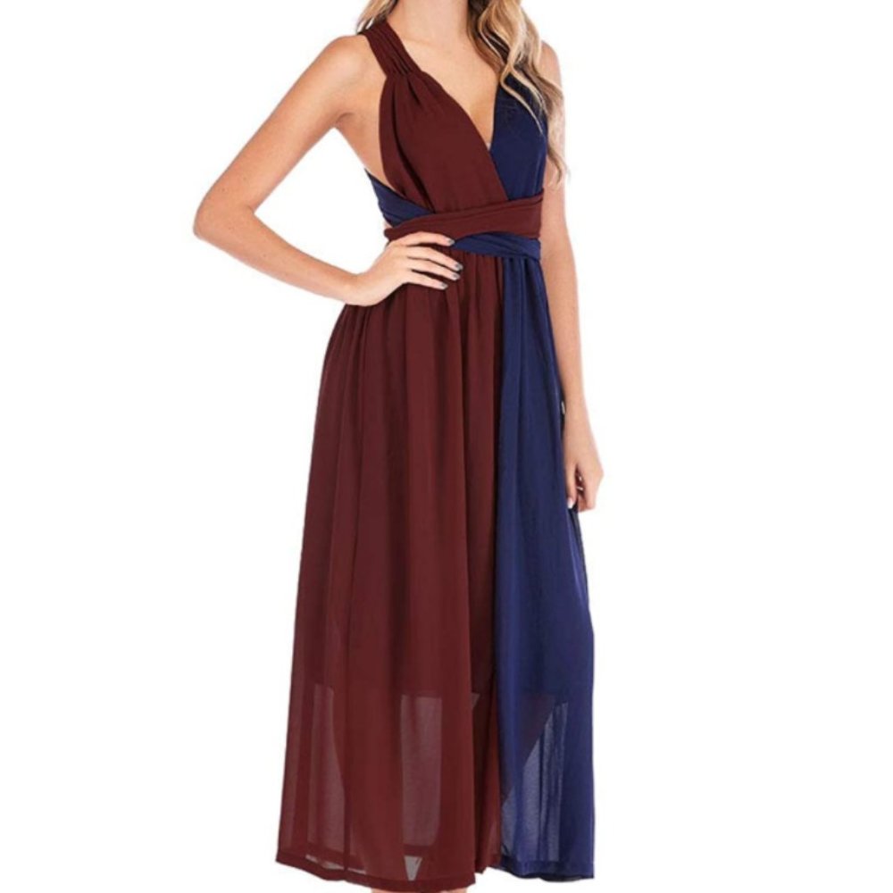 LAST 1 NWT  Navy/Maroon Wrap Chiffon Maxi Dress - Picture 5 of 6